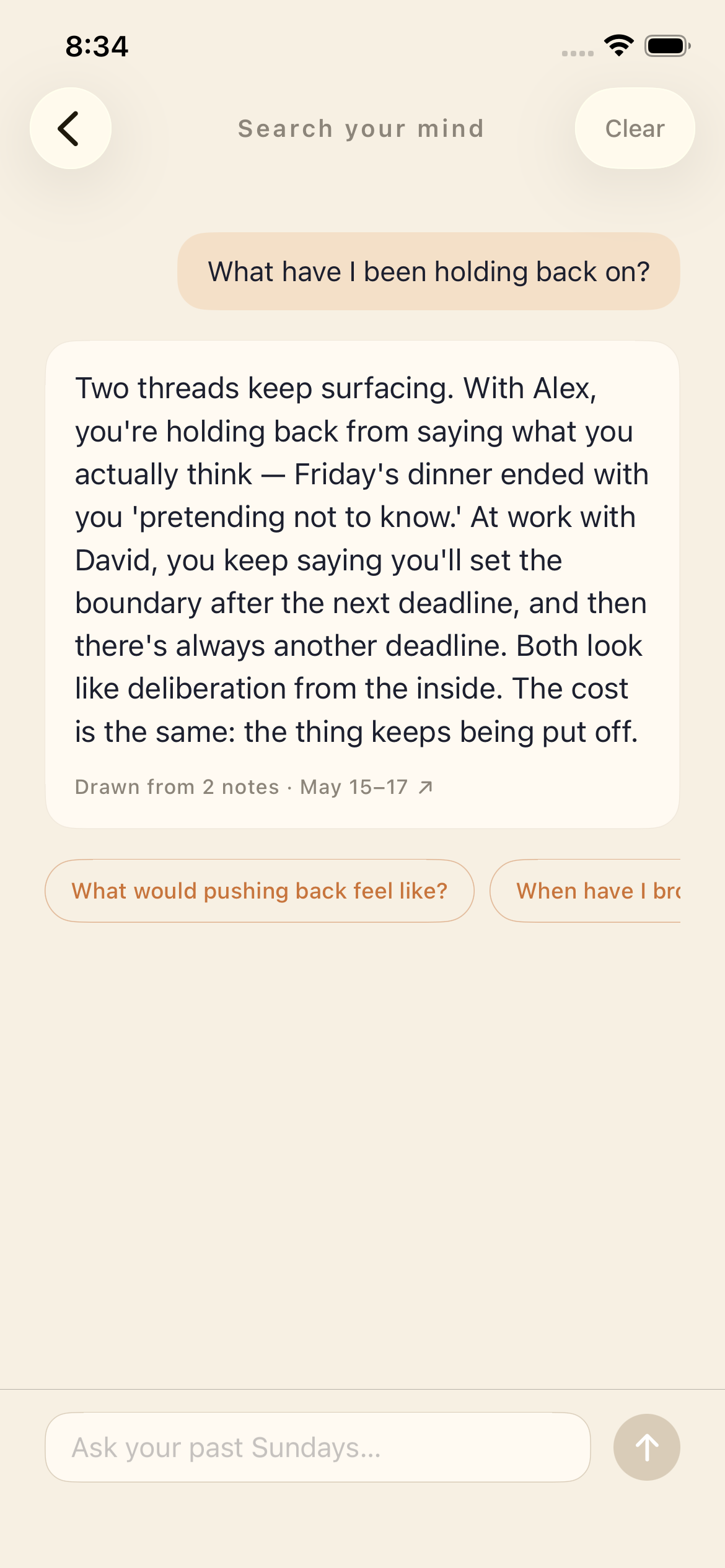Asking Sundays: 'What have I been holding back on?' — answered with two threads, drawn from past notes.